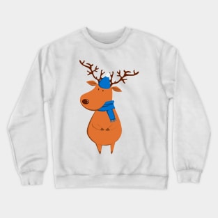 Funny Christmas Reindeer in Blue Hat & Scarf Crewneck Sweatshirt